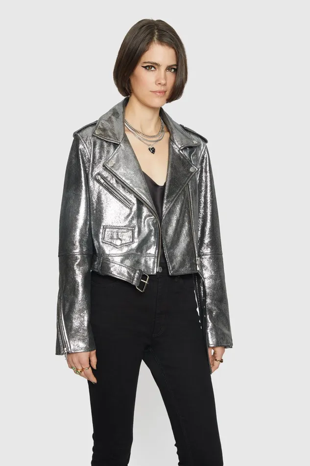 Rebecca Minkoff Cropped Jett Moto Jacket Silver Women Leather