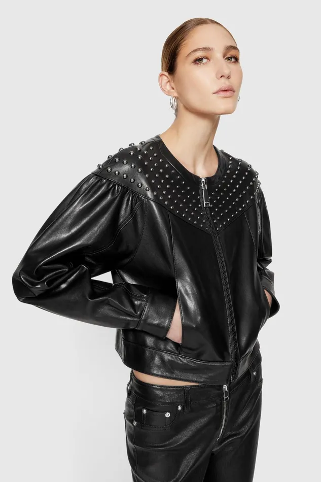 Rebecca Minkoff Ozzy Studded Leather Jacket True Black Women Leather