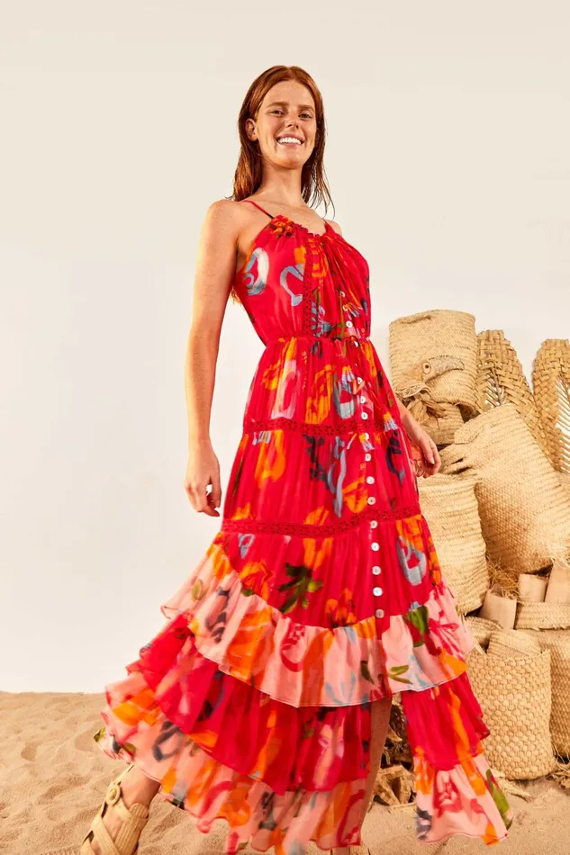 Red Mixed Fruits Ocean Maxi Dress Women Farm Rio Maxi Dresses