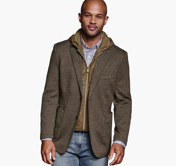 Removable HoodedBib Knit Blazer CamelNavy Apparel Johnston and Murphy Men