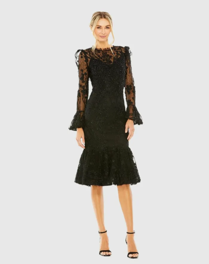 Ruffle Wrist Embellished High Neck Midi Dress Black Best Sellers Mac Duggal Women