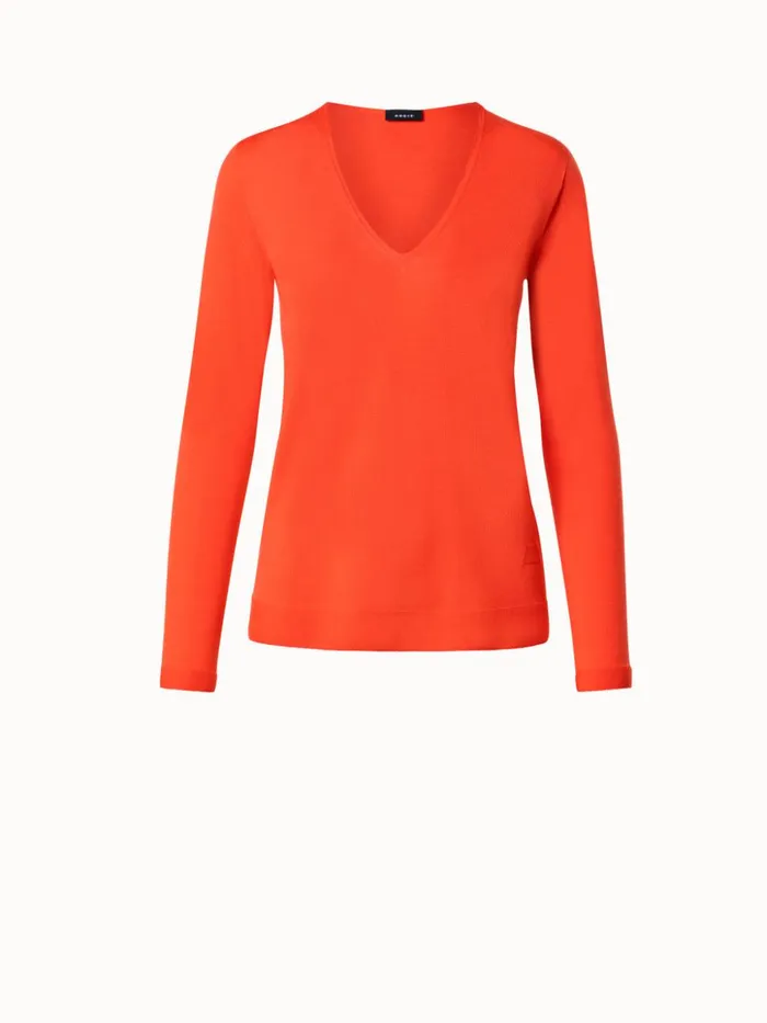 Seamless Cashmere Silk Knit VNeck Pullover Coral Women Akris Knitwear