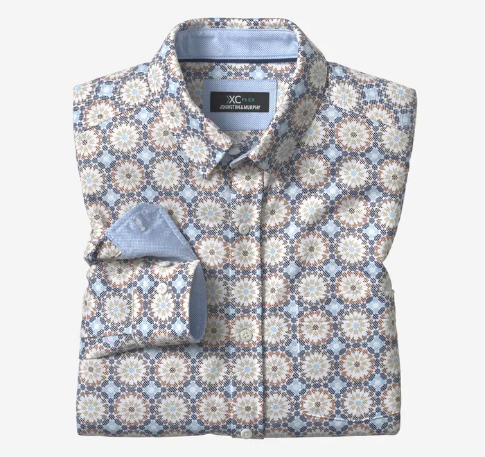 Shirts Men Johnston and Murphy XC Flex Stretch LongSleeve Shirt Blue Multi Birdseye Mosaic