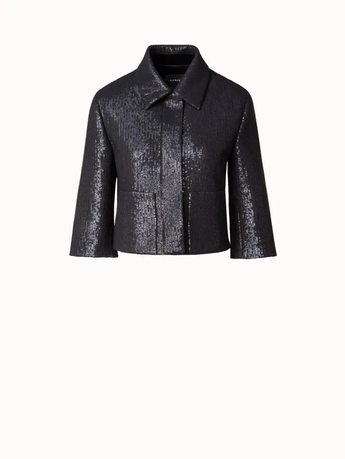 Short Boxy Silk Sequin Jacket Black Women Akris Jackets