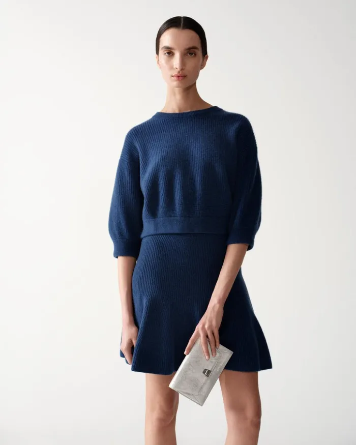 Short Cashmere ALine Rib Knit Skirt Medium Denim Women Akris Knitwear