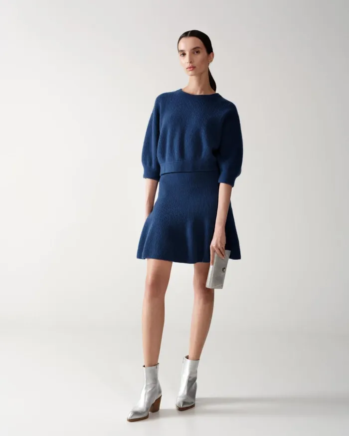 Short Cashmere ALine Rib Knit Skirt Medium Denim Women Akris Knitwear