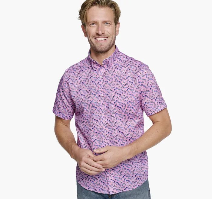ShortSleeve Shirts Men Printed ShortSleeve Shirt Pink Sunglasses Johnston and Murphy