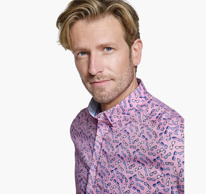 ShortSleeve Shirts Men Printed ShortSleeve Shirt Pink Sunglasses Johnston and Murphy