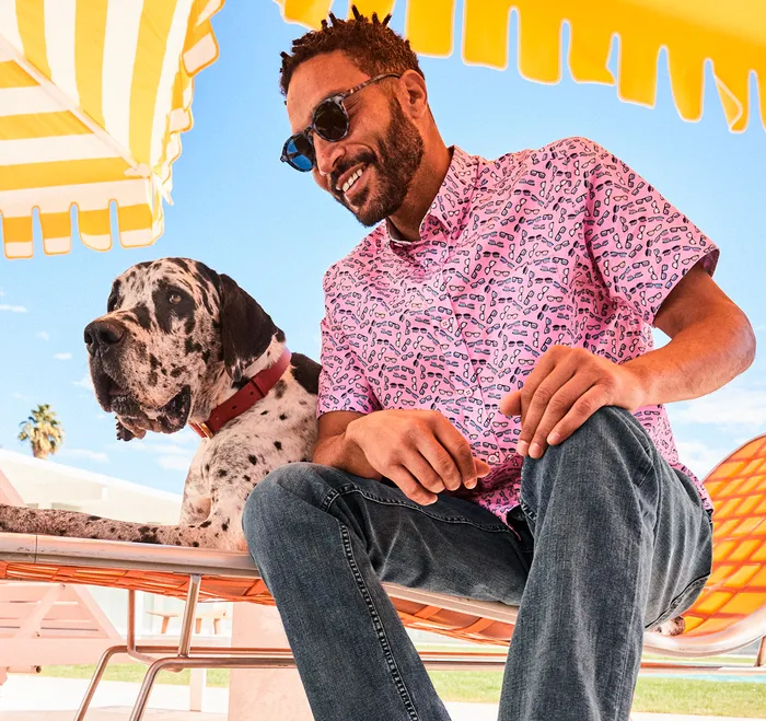 ShortSleeve Shirts Men Printed ShortSleeve Shirt Pink Sunglasses Johnston and Murphy