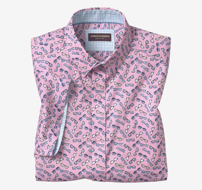 ShortSleeve Shirts Men Printed ShortSleeve Shirt Pink Sunglasses Johnston and Murphy