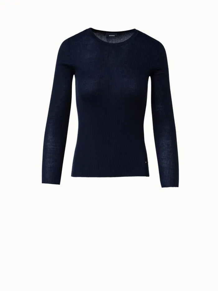 Silk Cotton Rib Knit Sweater Navy Women Akris Knitwear