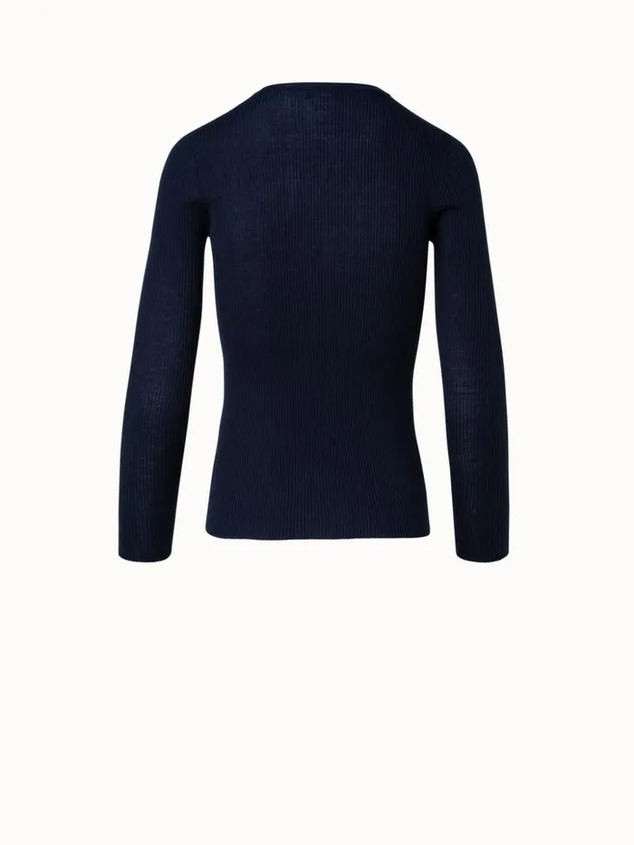 Silk Cotton Rib Knit Sweater Navy Women Akris Knitwear