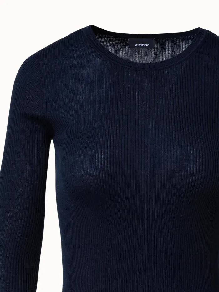 Silk Cotton Rib Knit Sweater Navy Women Akris Knitwear