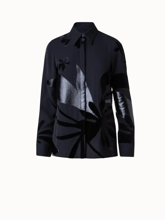 Silk Crpe Abraham Flower Patchwork Blouse Black Women Akris Blouses