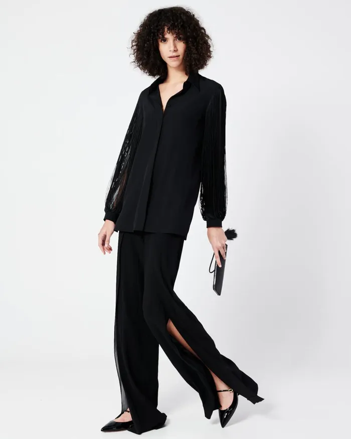 Silk Georgette Wide Leg Pants Black Women Akris Pants