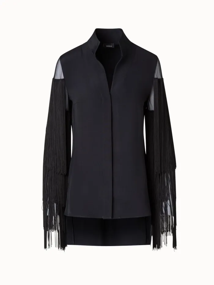 Silk Tunic Blouse With Fringes Sleeves Black Women Akris Blouses