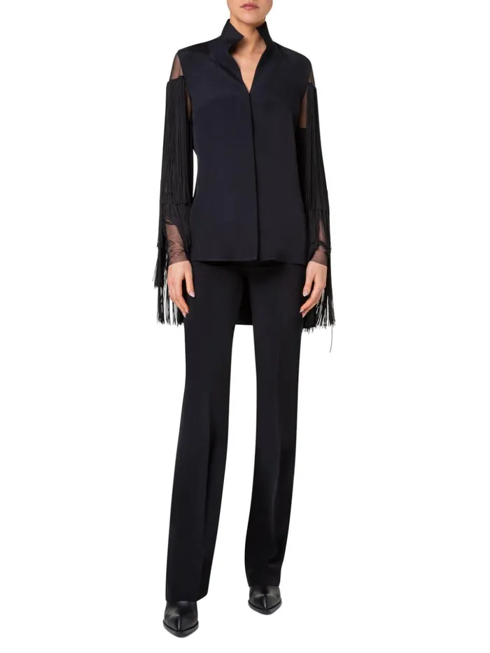Silk Tunic Blouse With Fringes Sleeves Black Women Akris Blouses