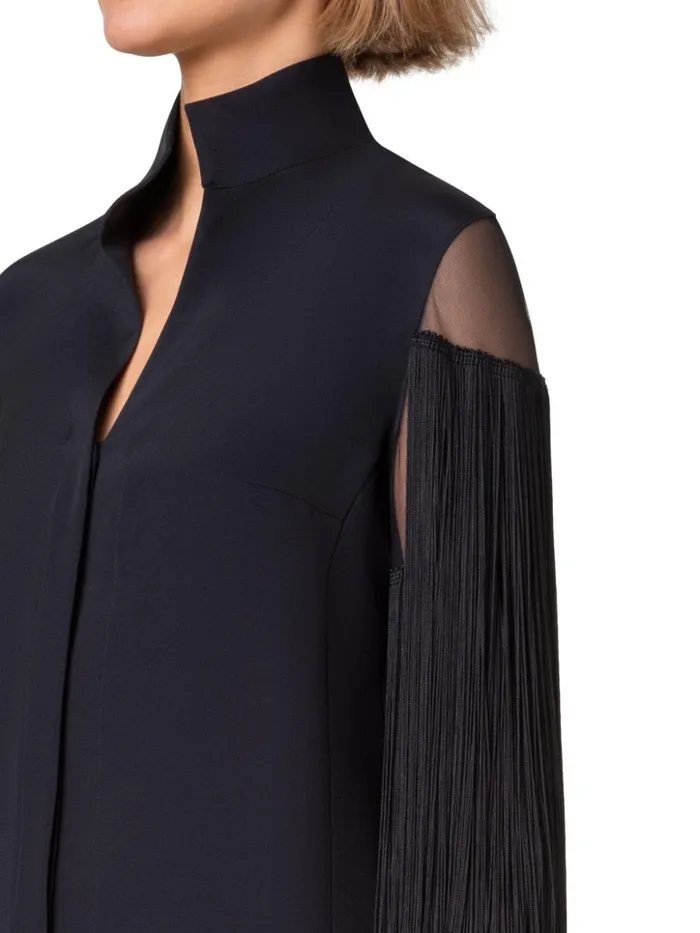 Silk Tunic Blouse With Fringes Sleeves Black Women Akris Blouses