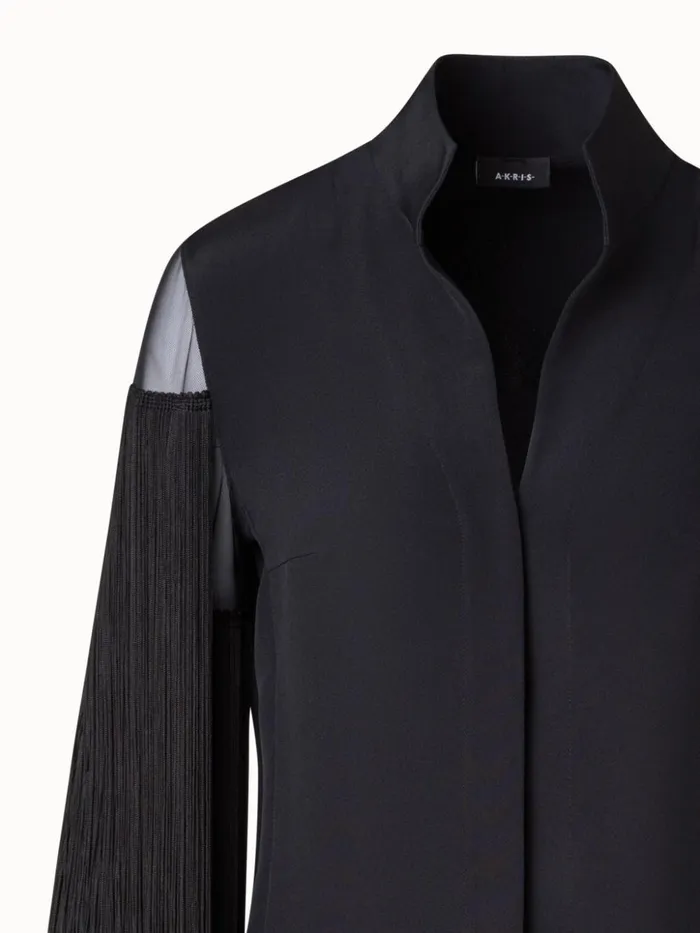 Silk Tunic Blouse With Fringes Sleeves Black Women Akris Blouses