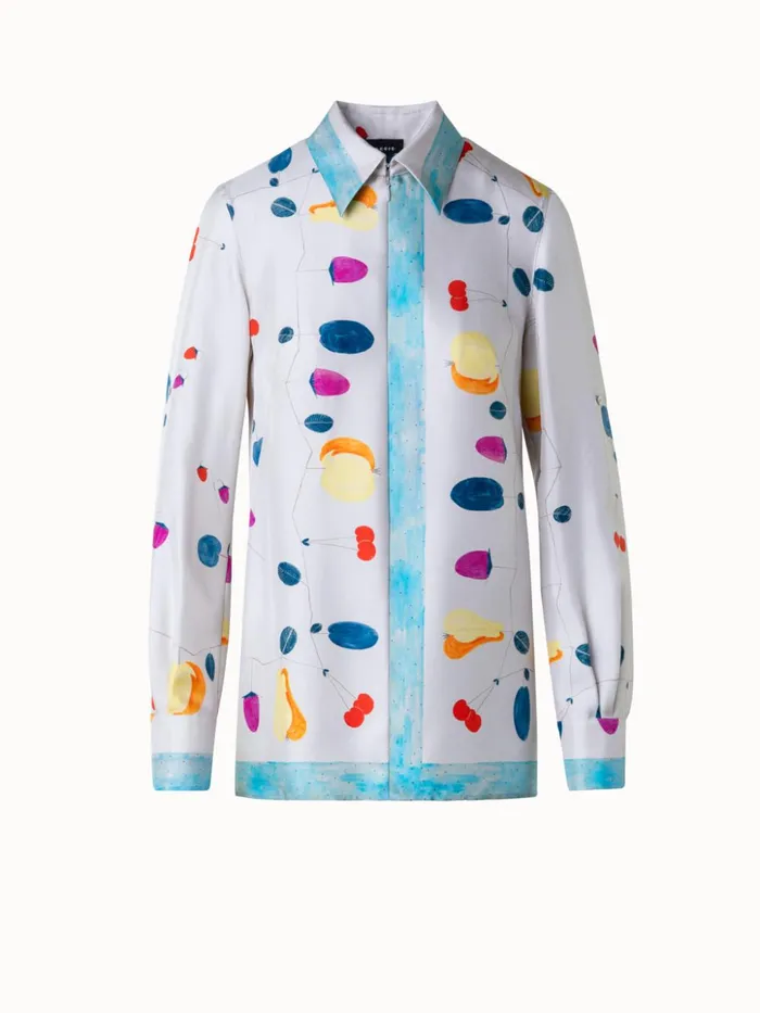 Silk Tunic Blouse With Fruits Print Greigemulticolor Women Akris Blouses