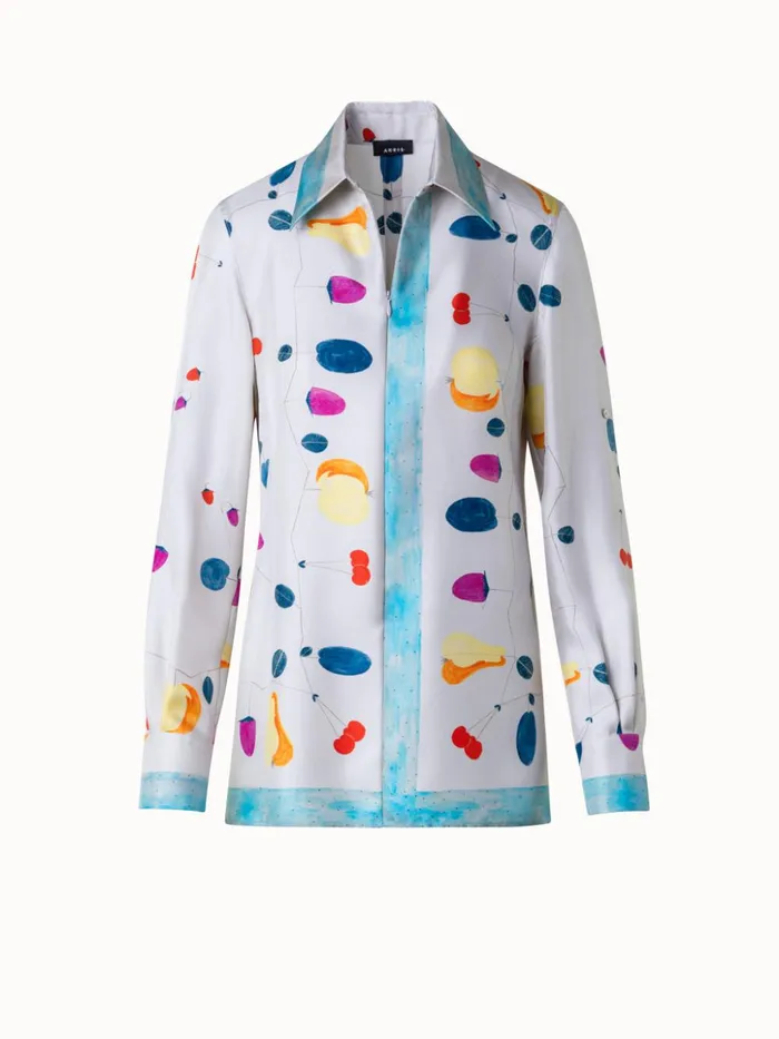 Silk Tunic Blouse With Fruits Print Greigemulticolor Women Akris Blouses