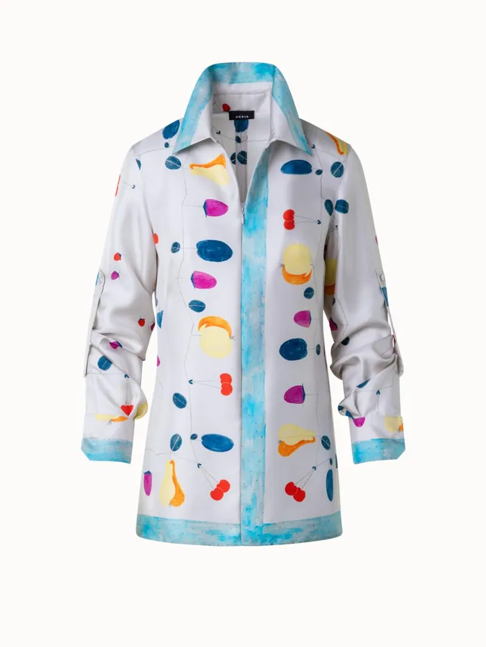 Silk Tunic Blouse With Fruits Print Greigemulticolor Women Akris Blouses