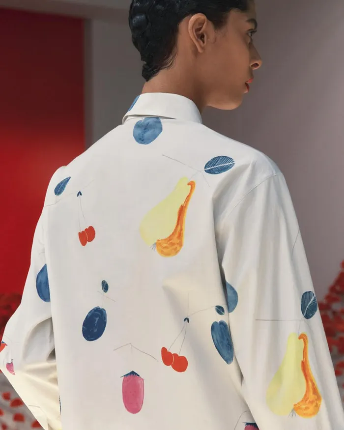 Silk Tunic Blouse With Fruits Print Greigemulticolor Women Akris Blouses