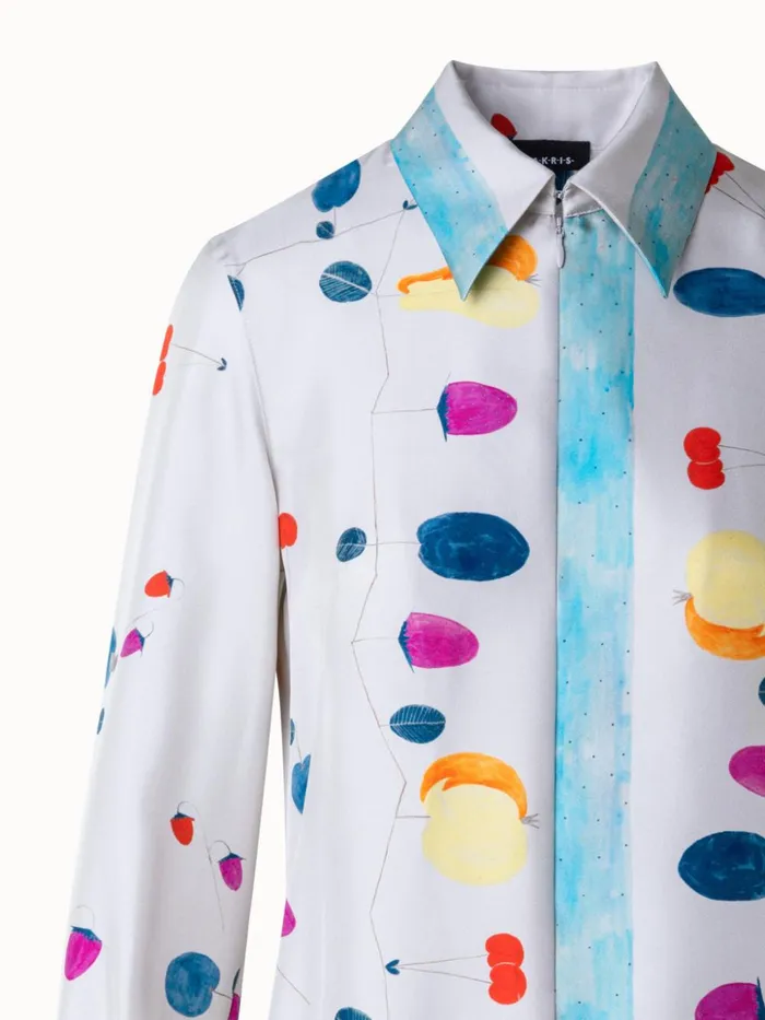 Silk Tunic Blouse With Fruits Print Greigemulticolor Women Akris Blouses