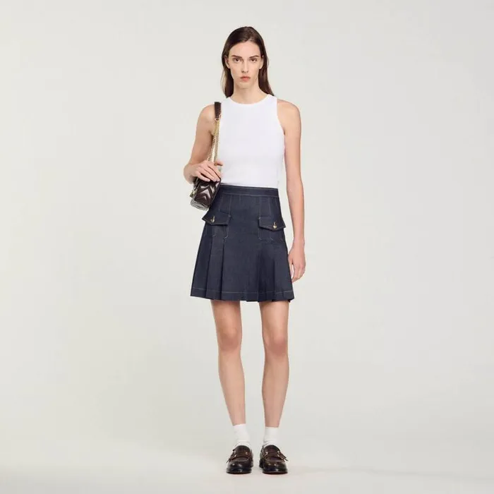 Skirts Women SANDRO Pleated Denim Skirt Deep Blu