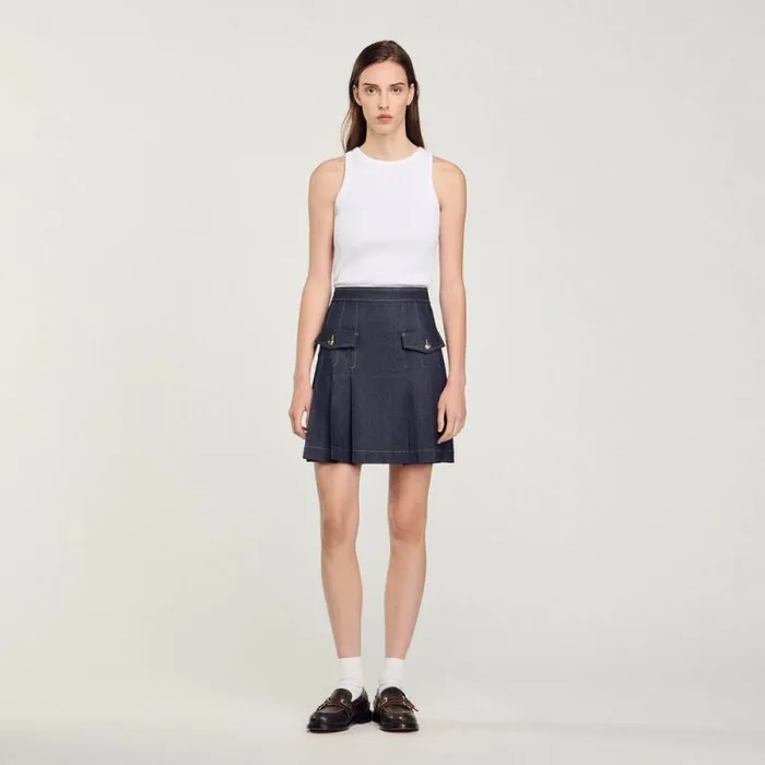 Skirts Women SANDRO Pleated Denim Skirt Deep Blu