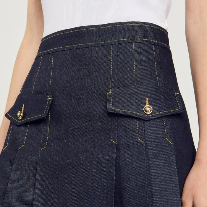 Skirts Women SANDRO Pleated Denim Skirt Deep Blu
