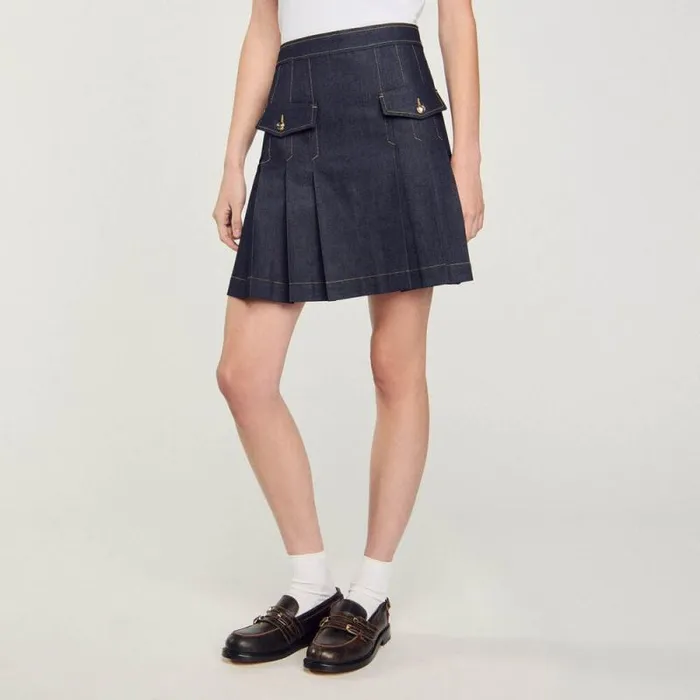 Skirts Women SANDRO Pleated Denim Skirt Deep Blu