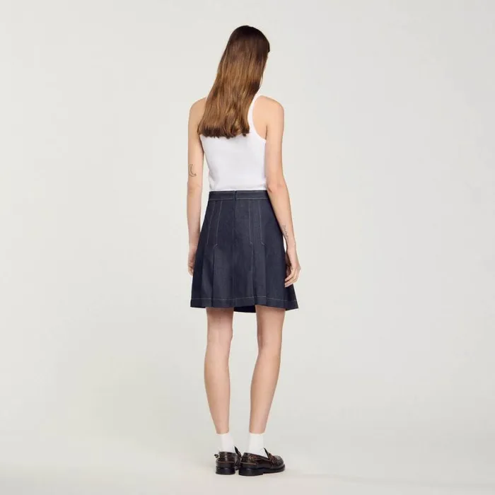 Skirts Women SANDRO Pleated Denim Skirt Deep Blu