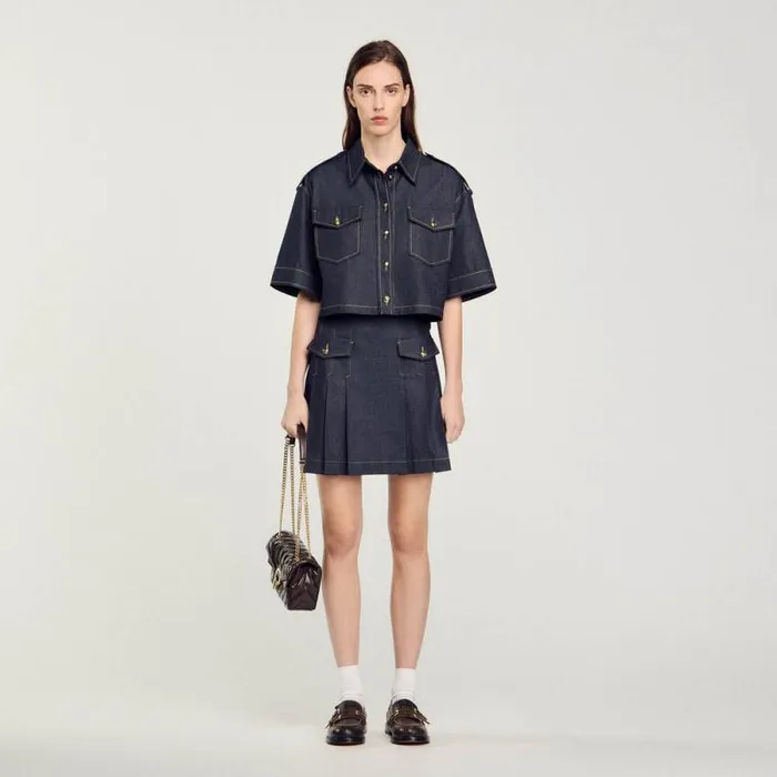 Skirts Women SANDRO Pleated Denim Skirt Deep Blu