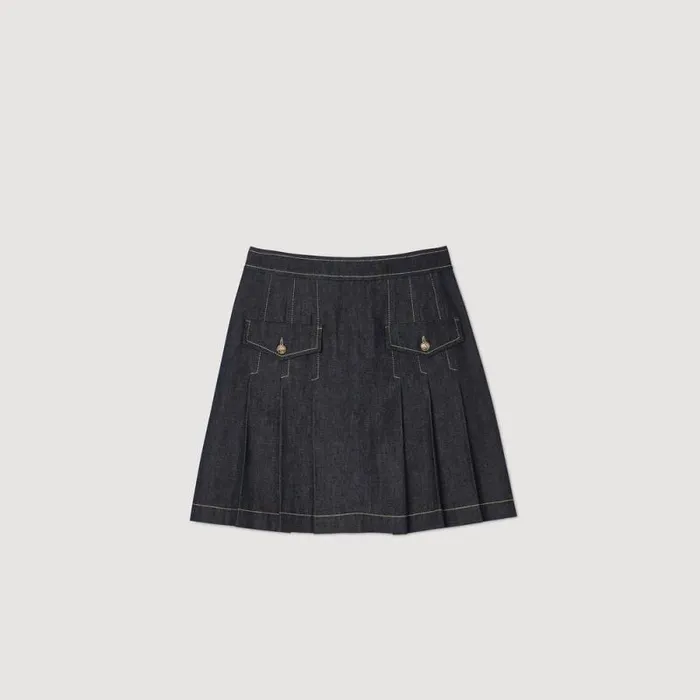 Skirts Women SANDRO Pleated Denim Skirt Deep Blu