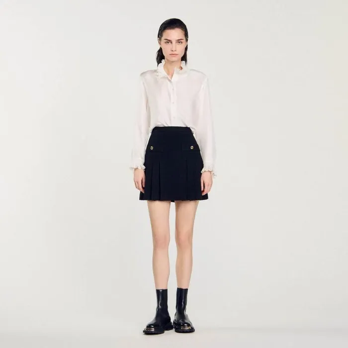 Skirts Women SANDRO Pleated Tweed Skirt Black Skirts Women SANDRO Pleated Tweed Skirt Black