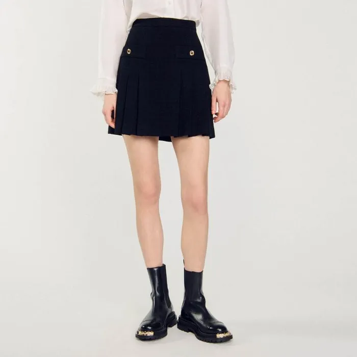Skirts Women SANDRO Pleated Tweed Skirt Black Skirts Women SANDRO Pleated Tweed Skirt Black