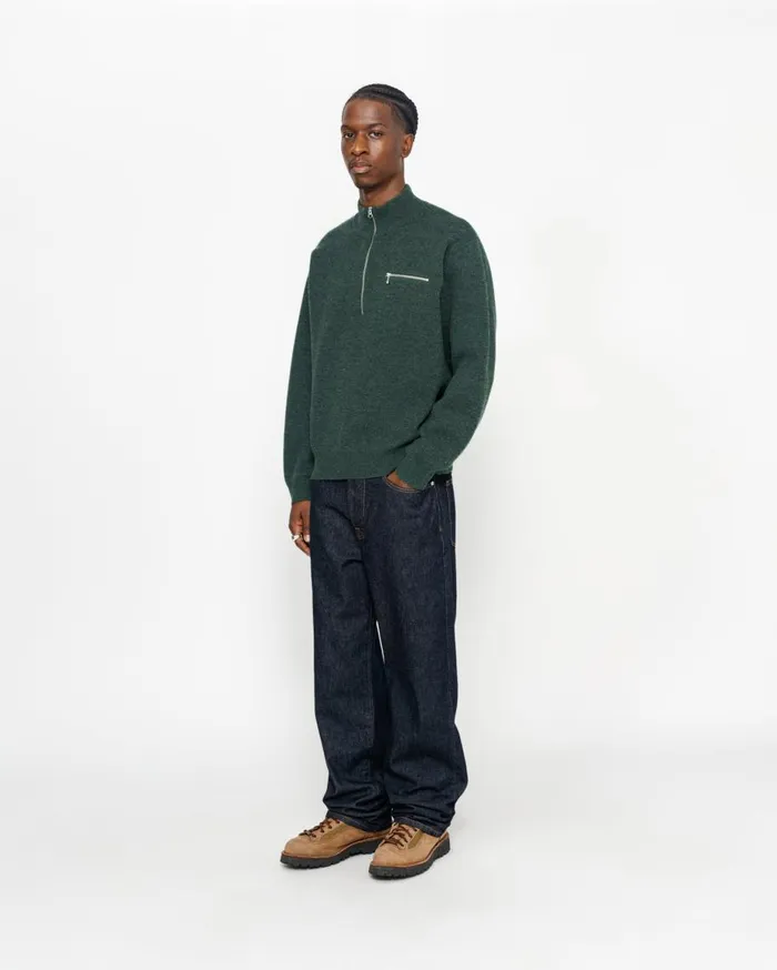 Stussy Knits HALF ZIP MOCK NECK SWEATER Dark Green 8211 MenWomen