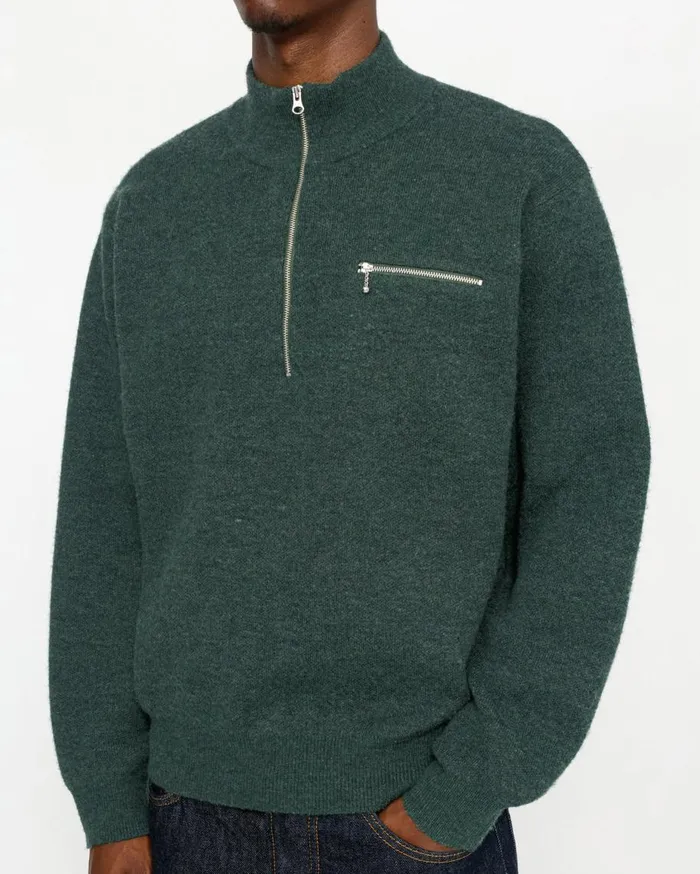 Stussy Knits HALF ZIP MOCK NECK SWEATER Dark Green 8211 MenWomen