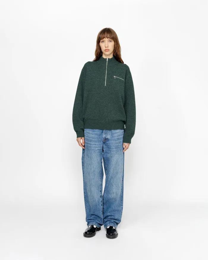 Stussy Knits HALF ZIP MOCK NECK SWEATER Dark Green 8211 MenWomen