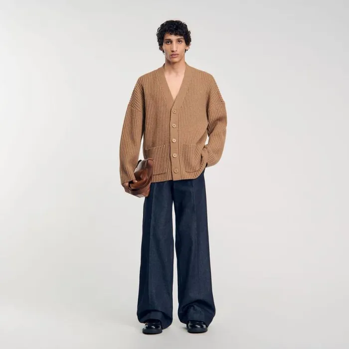 Sweaters and Cardigans Men SANDRO Oversized Rib Knit Cardigan Praline