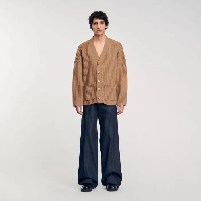 Sweaters and Cardigans Men SANDRO Oversized Rib Knit Cardigan Praline