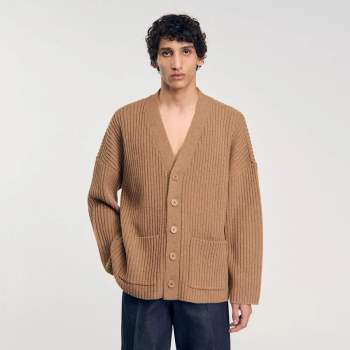 Sweaters and Cardigans Men SANDRO Oversized Rib Knit Cardigan Praline