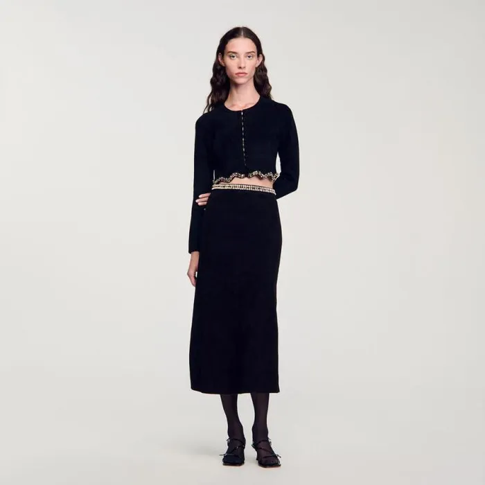 Sweaters and Cardigans Women SANDRO Short Rhinestone Velvet Knit Cardie Black