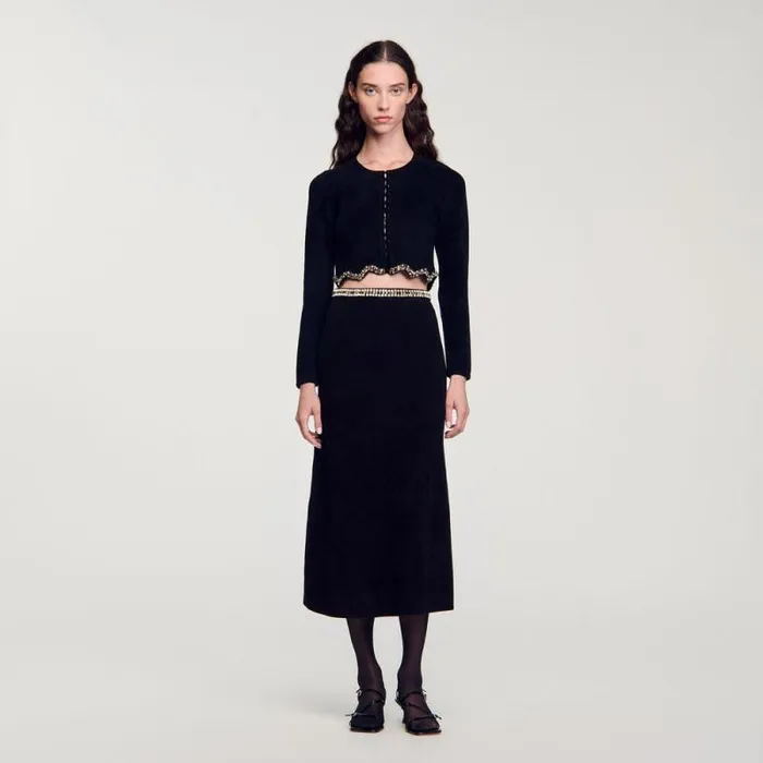 Sweaters and Cardigans Women SANDRO Short Rhinestone Velvet Knit Cardie Black