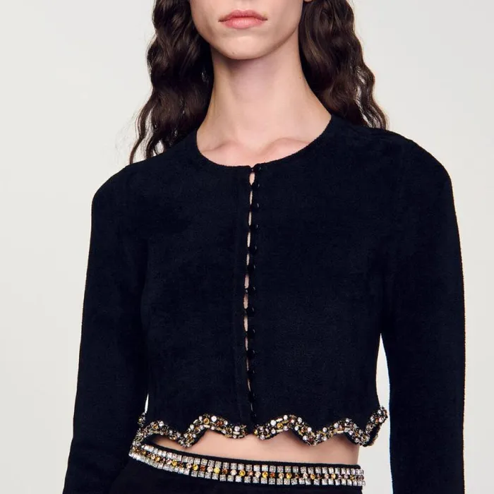 Sweaters and Cardigans Women SANDRO Short Rhinestone Velvet Knit Cardie Black