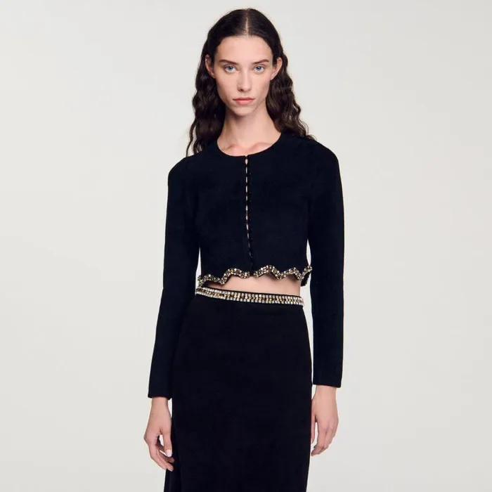 Sweaters and Cardigans Women SANDRO Short Rhinestone Velvet Knit Cardie Black