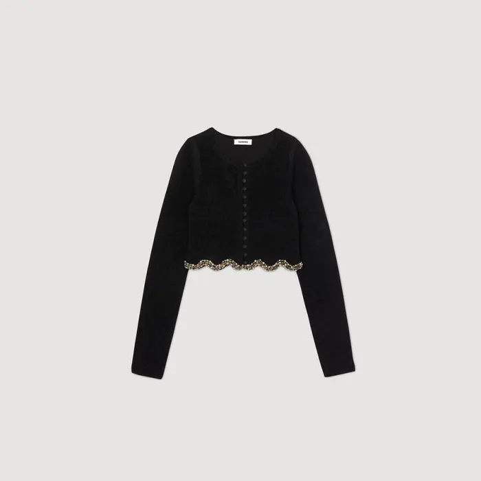 Sweaters and Cardigans Women SANDRO Short Rhinestone Velvet Knit Cardie Black