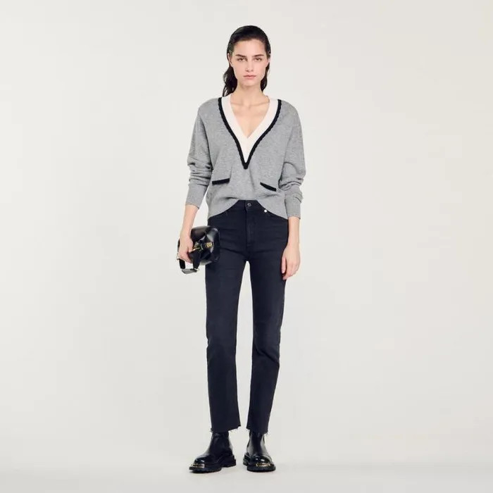 Sweaters and Cardigans Women SANDRO Sweater With Contrasting Deep Vneck Mocked Grey