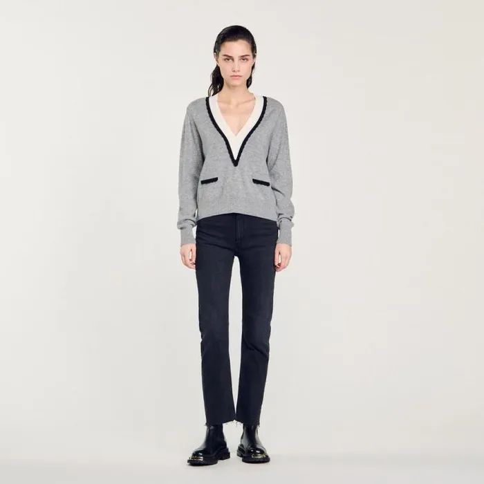 Sweaters and Cardigans Women SANDRO Sweater With Contrasting Deep Vneck Mocked Grey